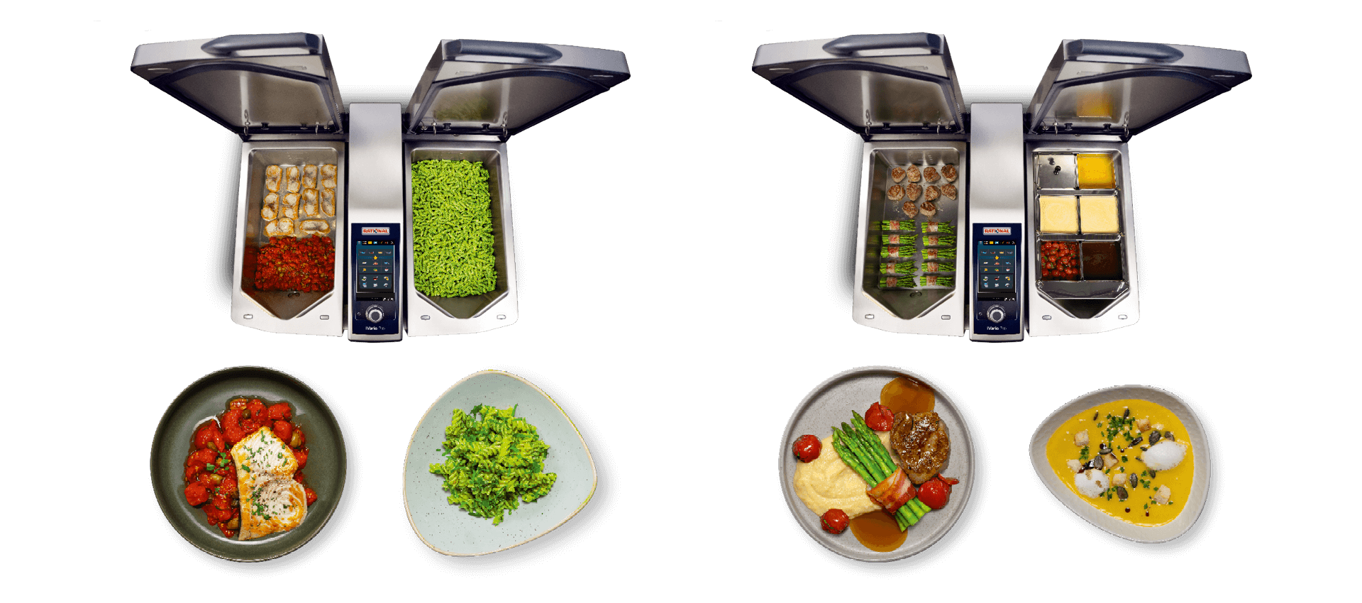Assorted meals with meat, fish, vegetables, and sides cooked in the RATIONAL iVario Pro.