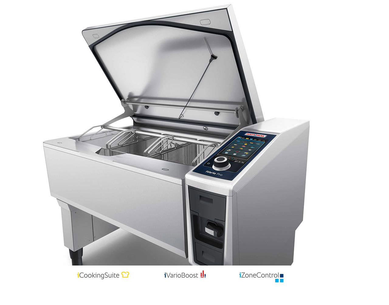 The Rational iVario Pro cooking appliance with an open lid, displaying its interior and control panel.