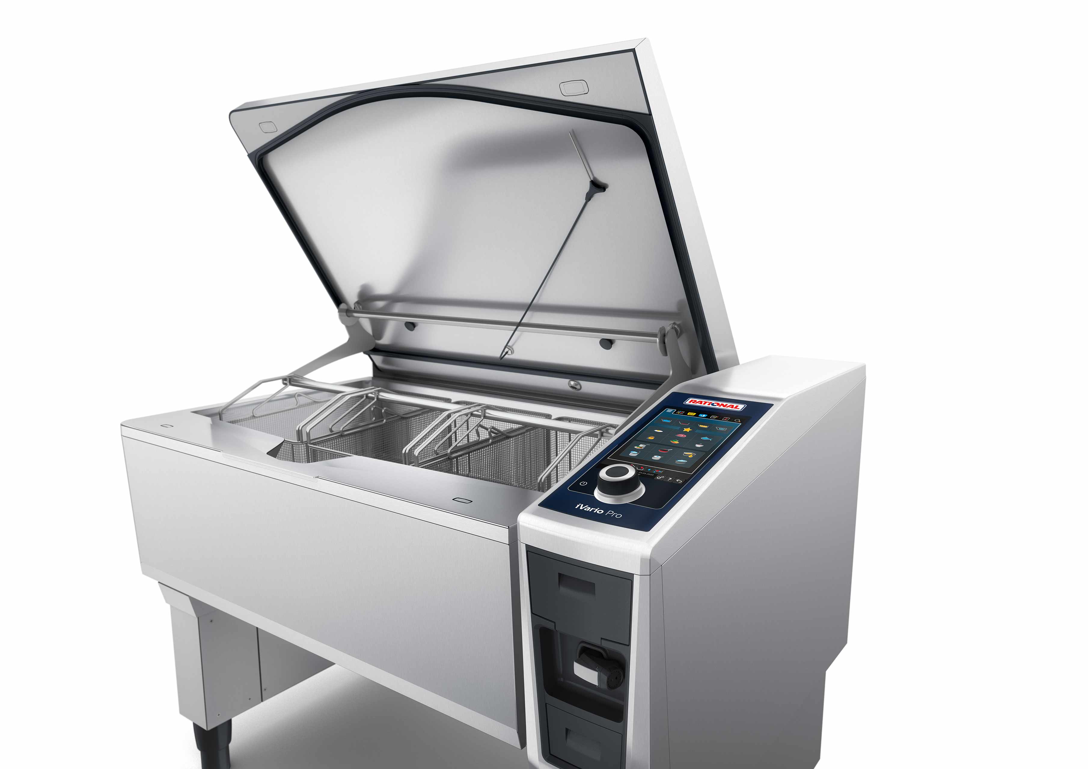 A side view of the Rational iVario Pro cooking appliance with the lid open, showcasing its stainless steel interior and control panel.