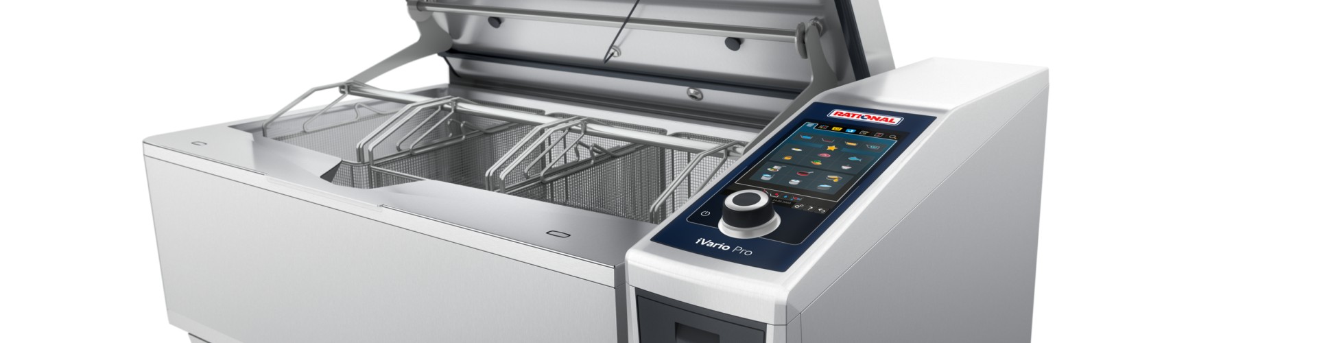 A perspective view of the Rational iVario Pro XL with an open lid, showcasing its interior and control panel.