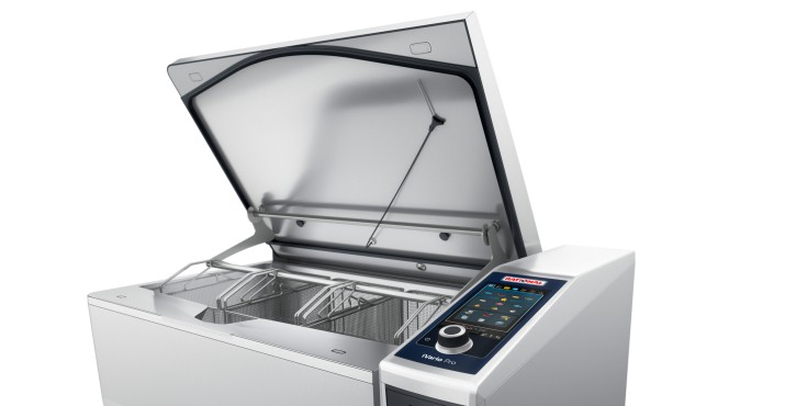 A perspective view of the Rational iVario Pro XL with an open lid, showcasing its interior and control panel.
