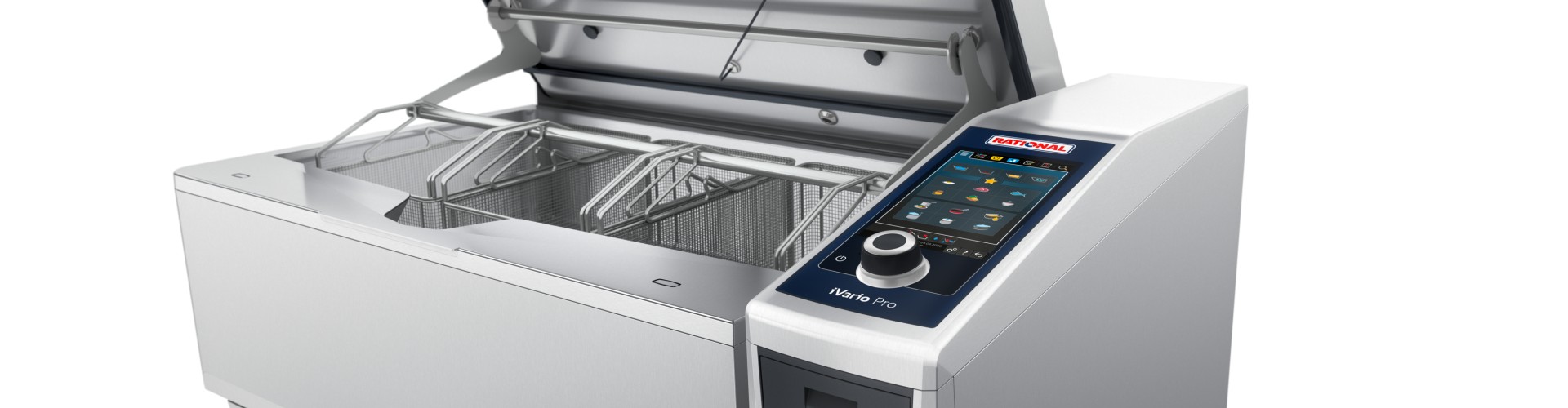 A Rational iVario Pro with the lid open, showcasing cooking baskets and a digital control panel on the side.