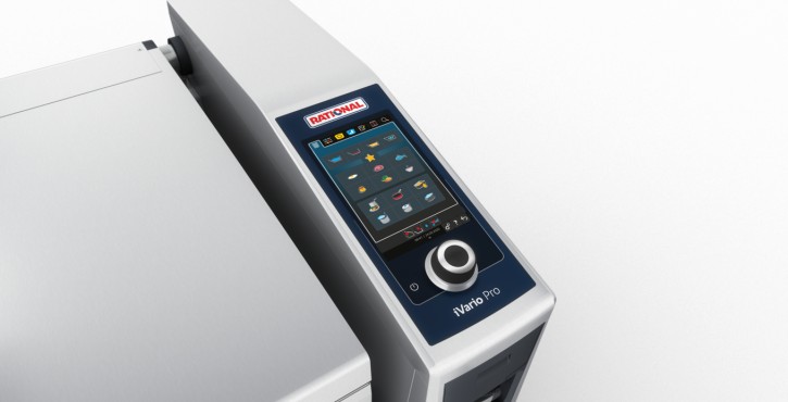  A close-up view of a stainless steel cooking device with a digital control panel and an iVario Pro label.
