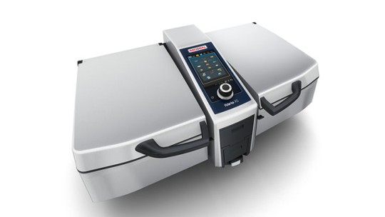 An overhead view of a stainless steel iVario Pro 2-S with a digital control panel and handles.
