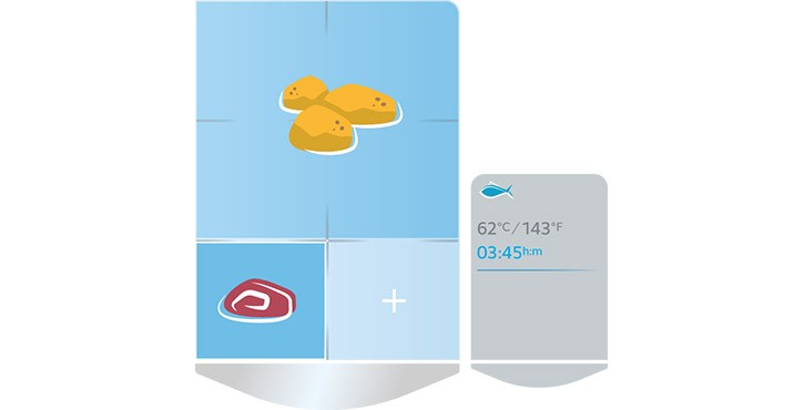 A digital interface showing food items and cooking settings with temperature and time for a cooking process.