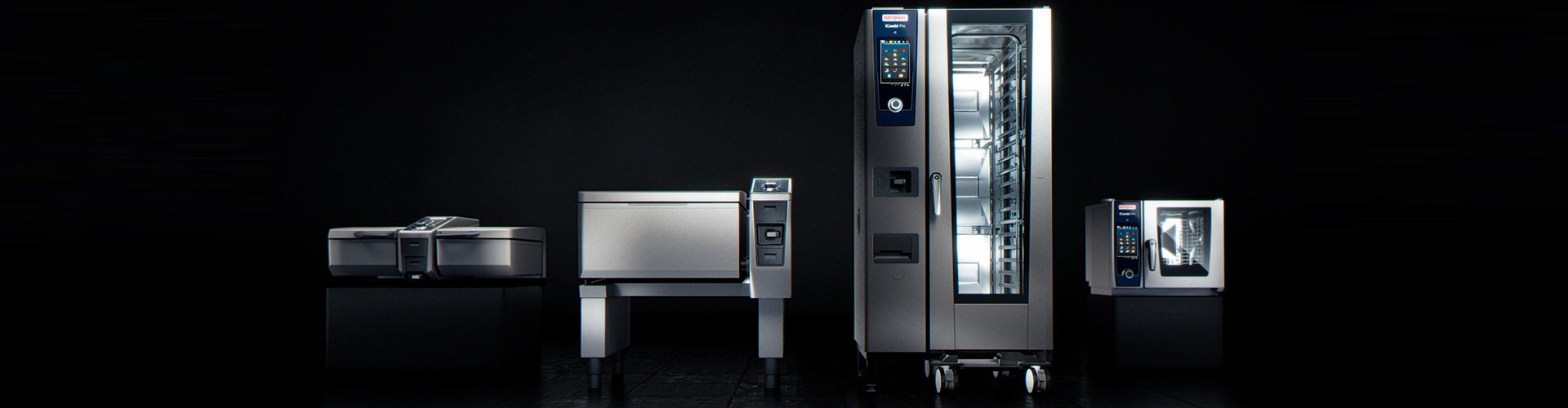 A lineup of Rational cooking equipment including an iCombi Pro, iVario, and a smaller unit, all set against a black background.