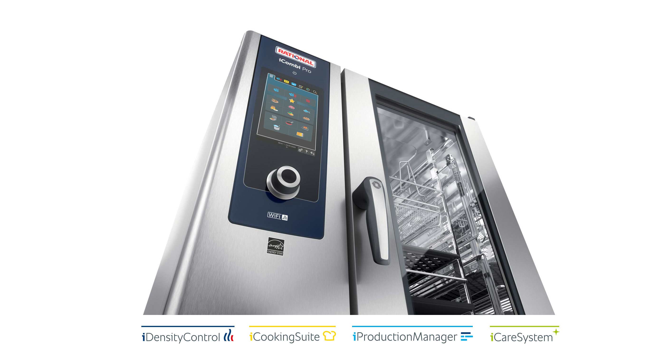 A close-up of the Rational iCombi Pro cooking appliance featuring its control panel with various cooking options and Wi-Fi connectivity.