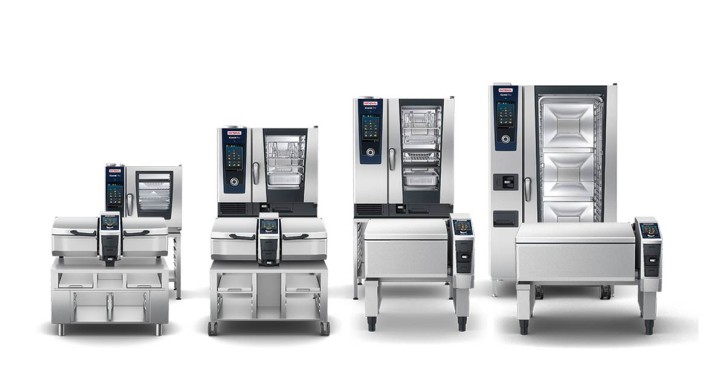 Lineup of Rational iCombi Pro ovens and iVario Pro cooking systems in various configurations.
