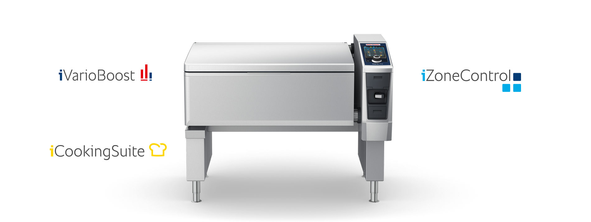 A Rational iVario Pro cooking unit displayed with labels highlighting its features: iVarioBoost, iCookingSuite, and iZoneControl.