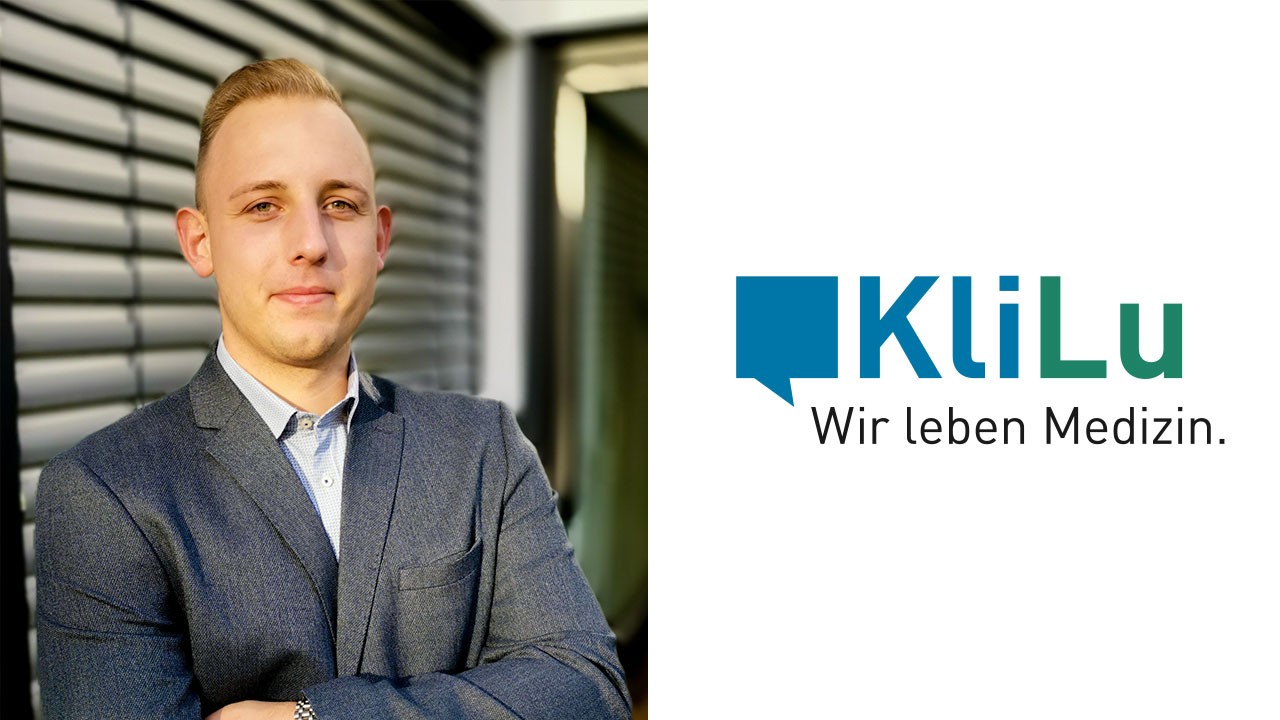 Mann im Anzug neben KliLu Medizin-Logo in geteilter Grafik.