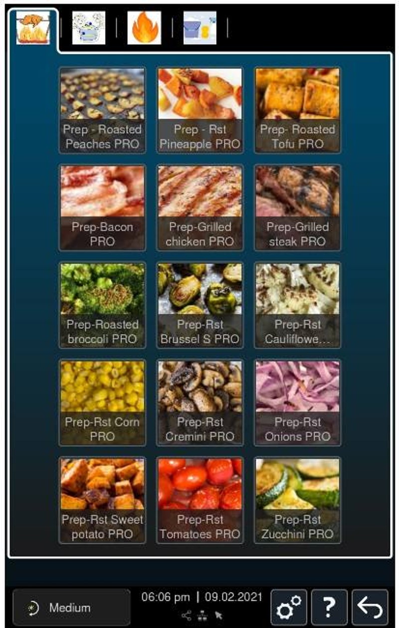 Touchscreen display showing various food preparation options including grilled and roasted items.