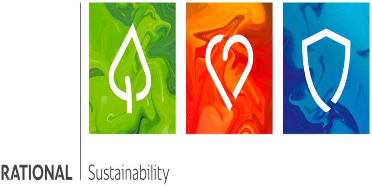 Íconos de sostenibilidad de RATIONAL: hoja verde para el medio ambiente, corazón rojo para las personas, escudo azul para la gobernanza.