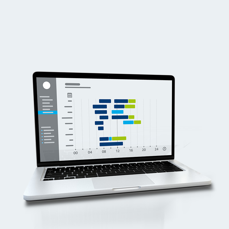Laptop displaying a digital scheduling dashboard with timeline overview.