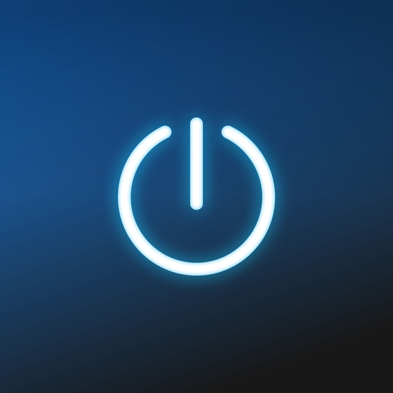 Glowing power button icon on a blue background.