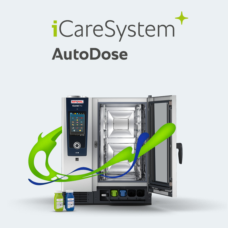 iCareSystem AutoDose for the RATIONAL iCombi Pro combi oven with open door.