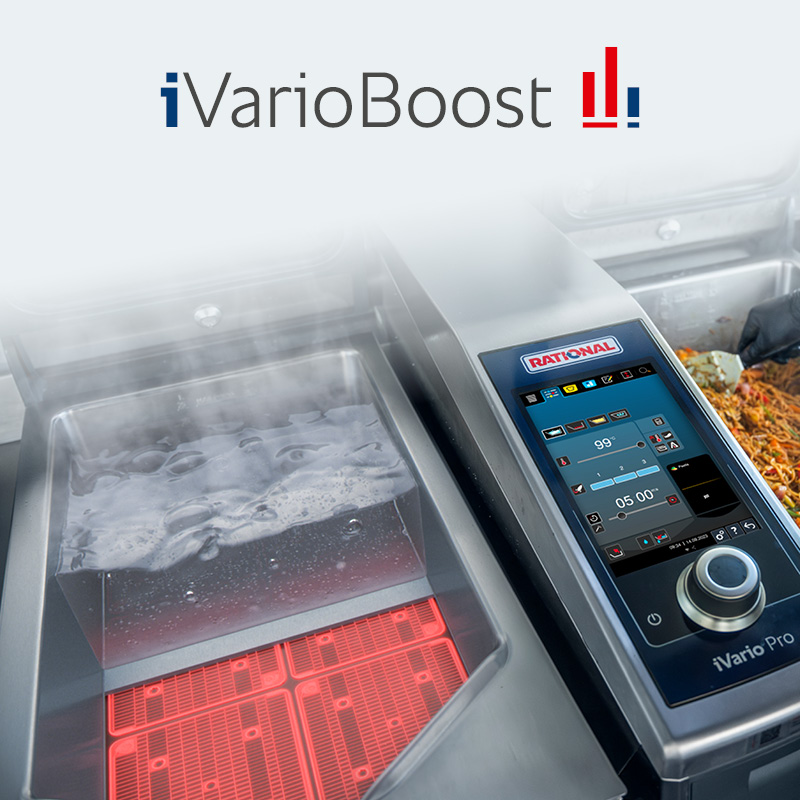 iVarioBoost on the RATIONAL iVario Pro with steam rising from the pan.