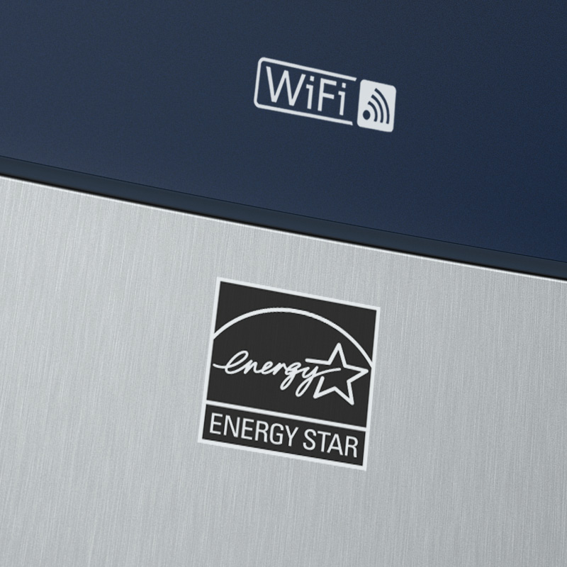 Close-up of WiFi and Energy Star labels on a stainless steel appliance.