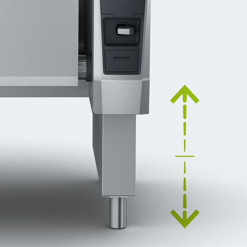 Height-adjustable appliance foot with indicator arrows on commercial kitchen equipment.