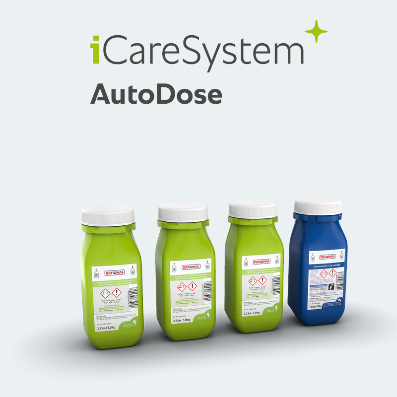 RATIONAL iCareSystem AutoDose cartridges for automated cleaning and care.