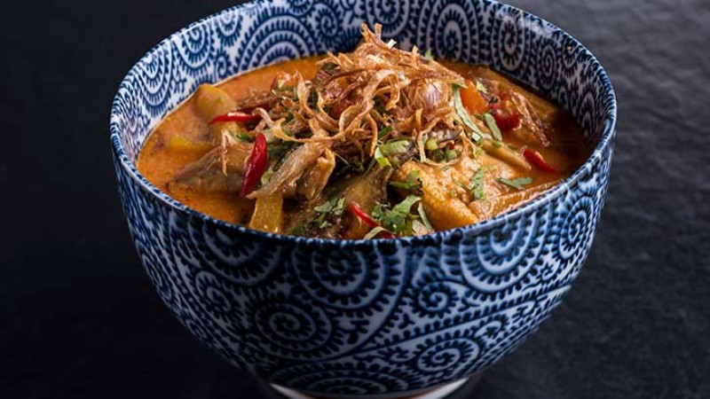 A beautifully presented bowl of Thai curry, garnished with herbs and fried shallots, showcasing vibrant colors and textures.