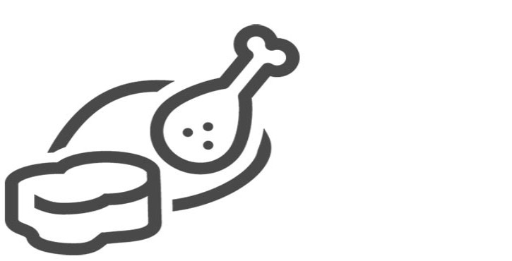 A simple icon depicting a chicken leg and a nugget, symbolizing chicken dishes or fast food.