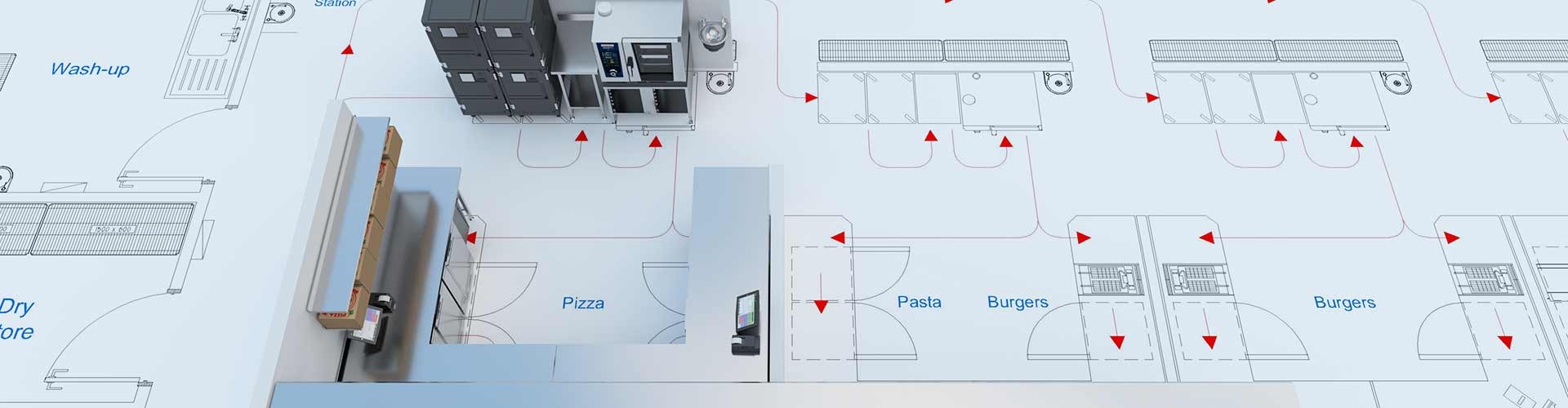 A detailed floor plan of a commercial kitchen layout, showing designated areas for different food stations, including pizza, pasta, and burgers.