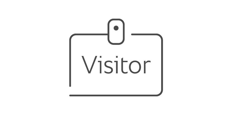 Simbolo di un badge per visitatori con la scritta “Visitor”.