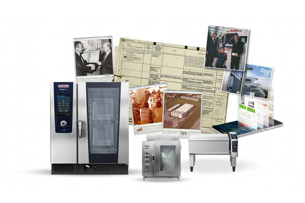 RATIONAL company history and milestones visualized with historic photos and modern cooking systems.
