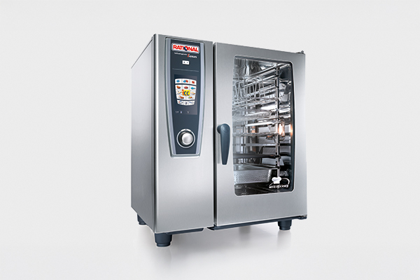 RATIONAL combi-steamer with glass door and modern control panel on a bright background.