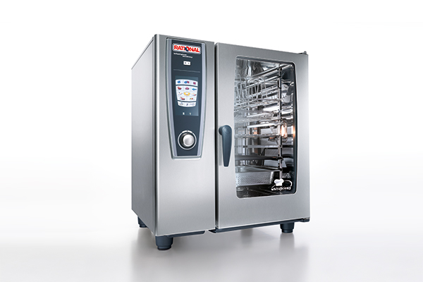 RATIONAL SelfCookingCenter® with glass door, illuminated cooking chamber, and digital control panel on a white background.