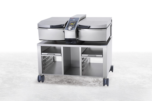 RATIONAL iVario Pro 2-S – a modern, multifunctional cooking system with two pans, shown on a mobile stand with integrated storage compartments.
