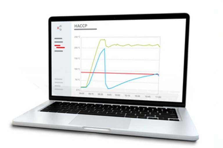 Open laptop displaying HACCP temperature data graph on white background.