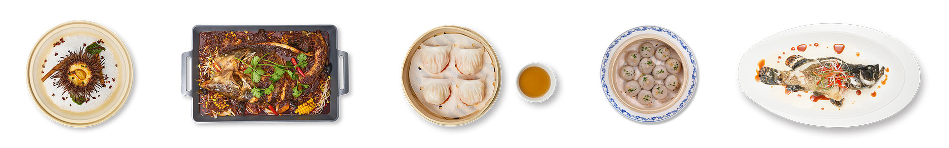 多道中式菜品依次排放，包括海胆、烤鱼、蒸点与鱼料理，呈现丰富多样的摆盘风格。