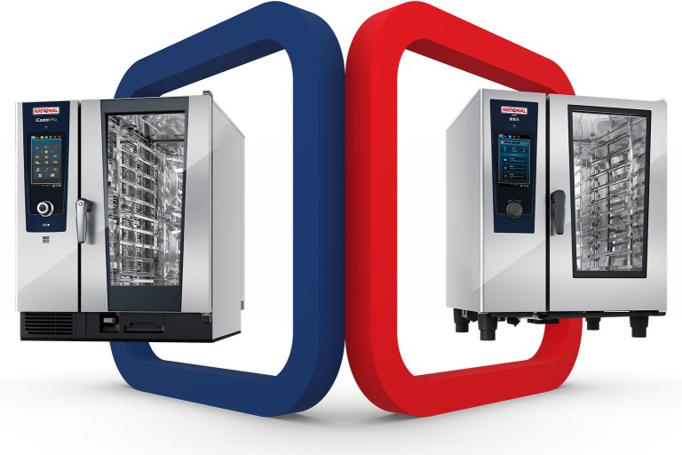 RATIONAL iCombi Pro 与 RATIONAL 膳酷 混合蒸锅分别置于蓝色与红色框架中，突出两款设备的设计对比