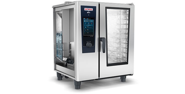 RATIONAL 膳酷元 混合蒸锅，侧舱开放可见，内部为不锈钢结构。