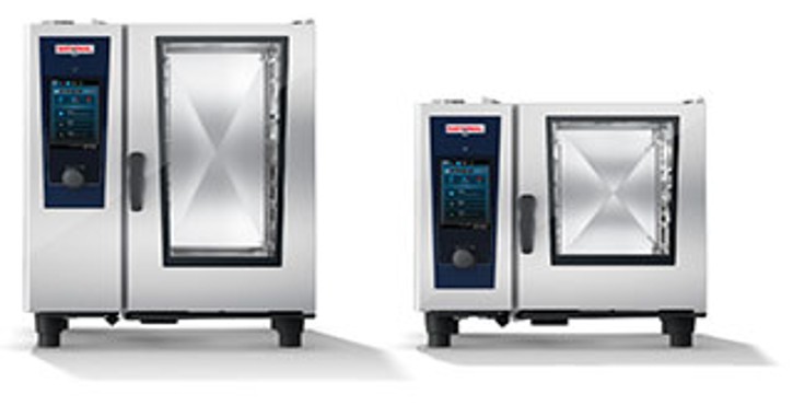 RATIONAL 膳酷元 10‑1/1 与 6‑1/1 混合蒸锅并排的正面视图。