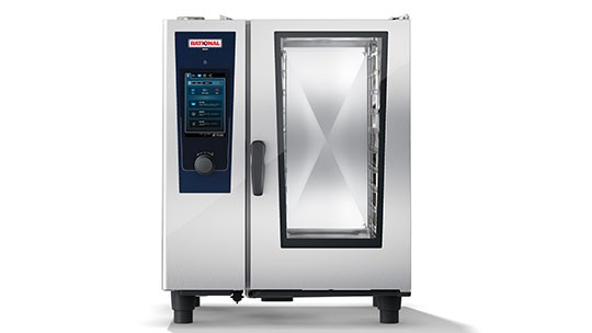 RATIONAL 膳酷元 混合蒸锅的正面视图，带控制面板和玻璃门。